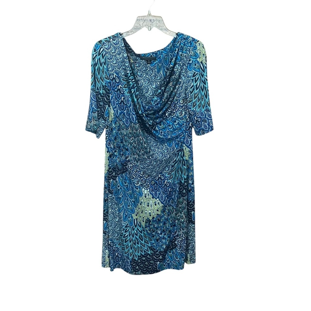 Connected Apparel Blue Paisley Cowl Neck Knee Length Dress Size 12